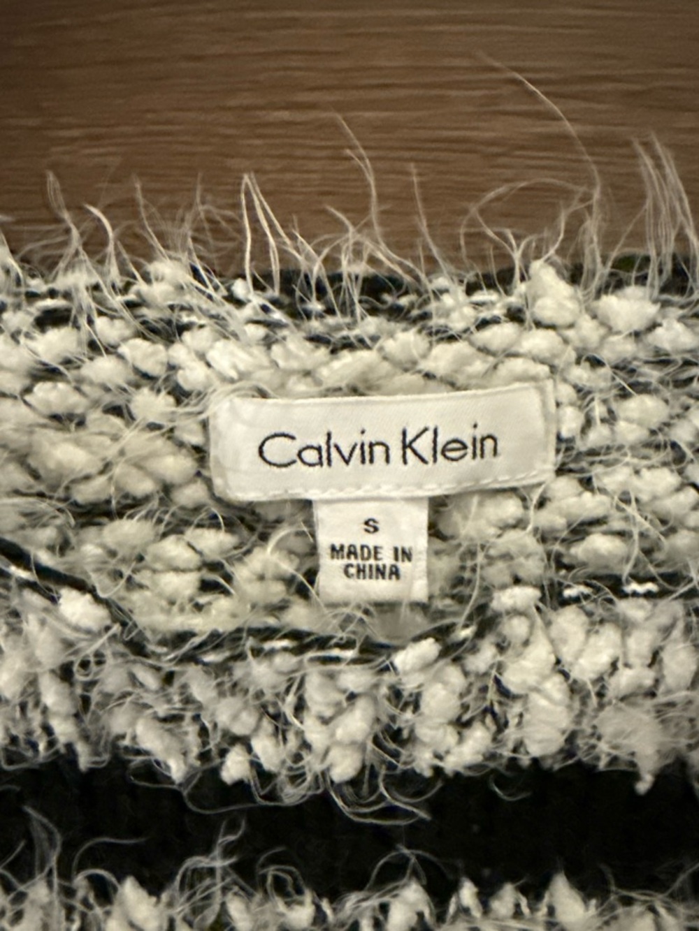 Calvin Klein Black and White Fuzzy Stripe Crewneck Sweater - Picture 2 of 5